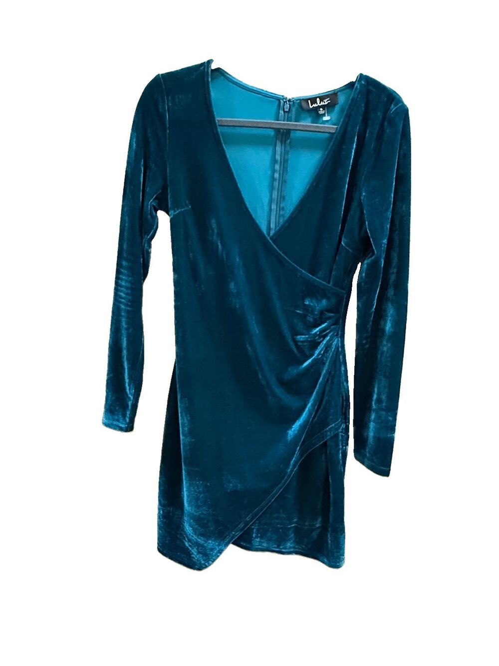 Lulus Dress S Teal Blue Velvet Shimmer Faux Wrap Long Sleeve Mini Party Cocktail